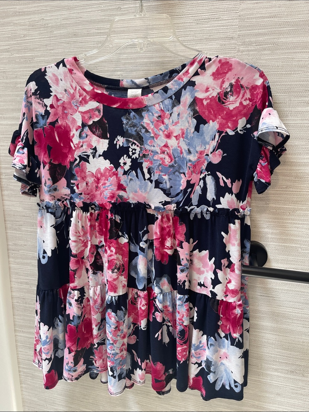 Source Unknown Navy Floral Short Sleeve Tiered Swing Top - Pink & Light Blue